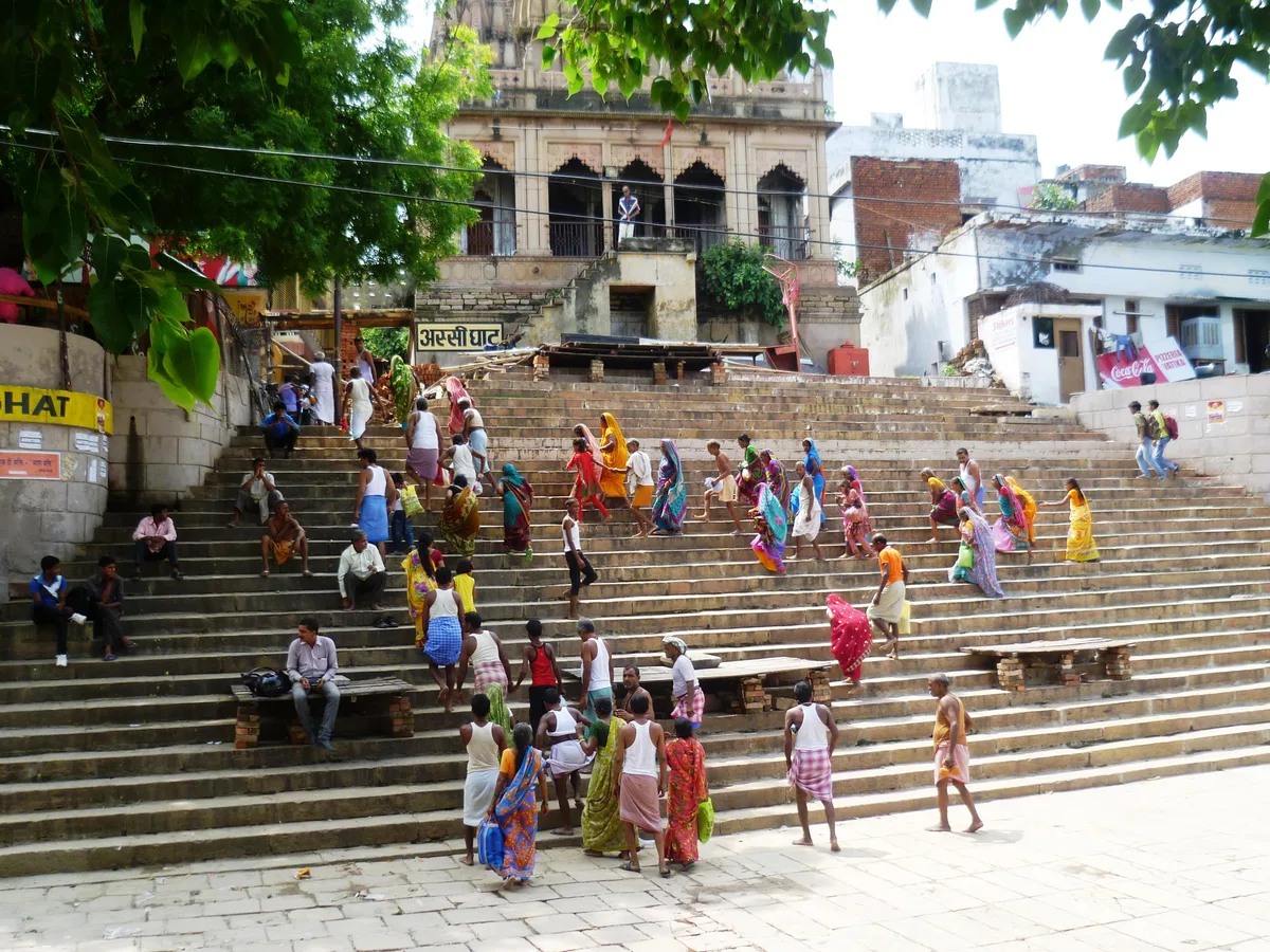 Assi Ghat riverfront steps in Varanasi at the southern end of the ghat stretch