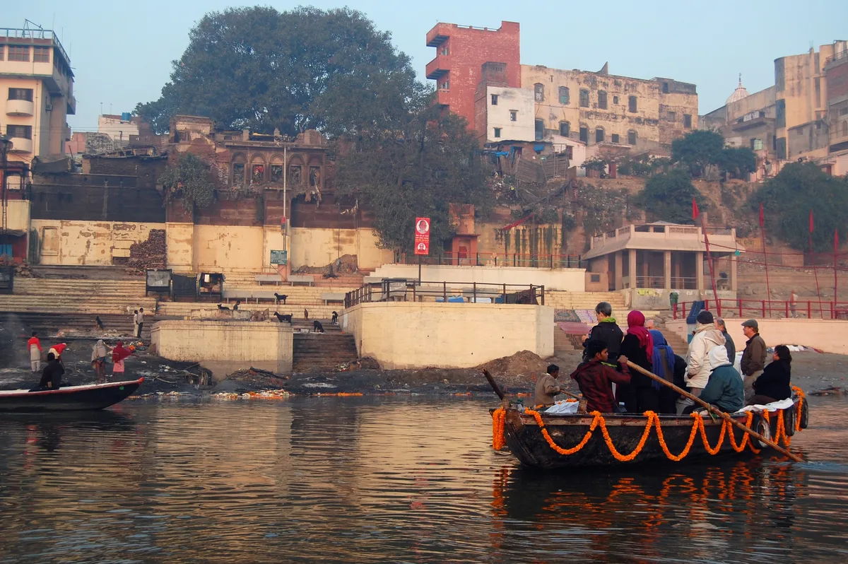 Harishchandra Ghat and the ghats of Varanasi viewed from the Ganges River