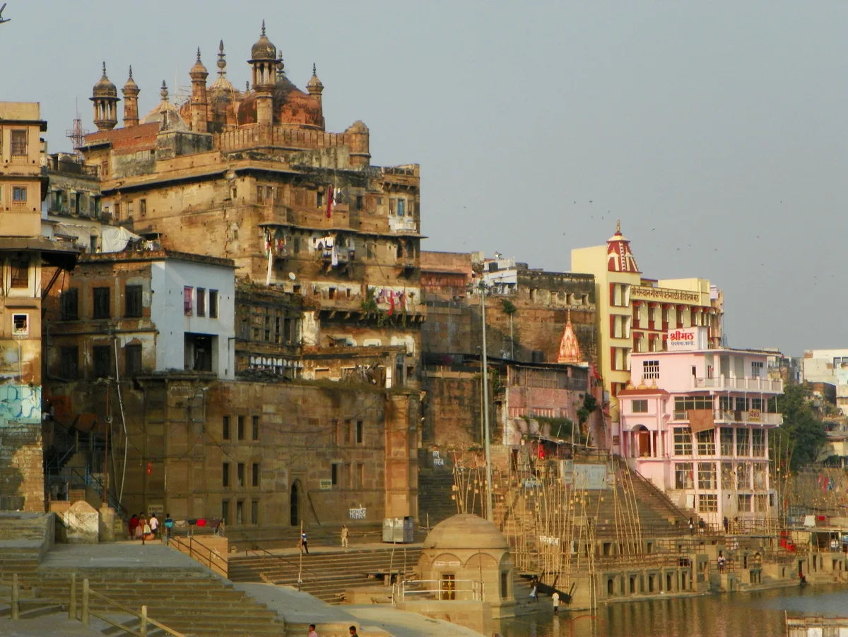 Panchganga Ghat in Varanasi with the Alamgir Mosque — confluence of five sacred rivers